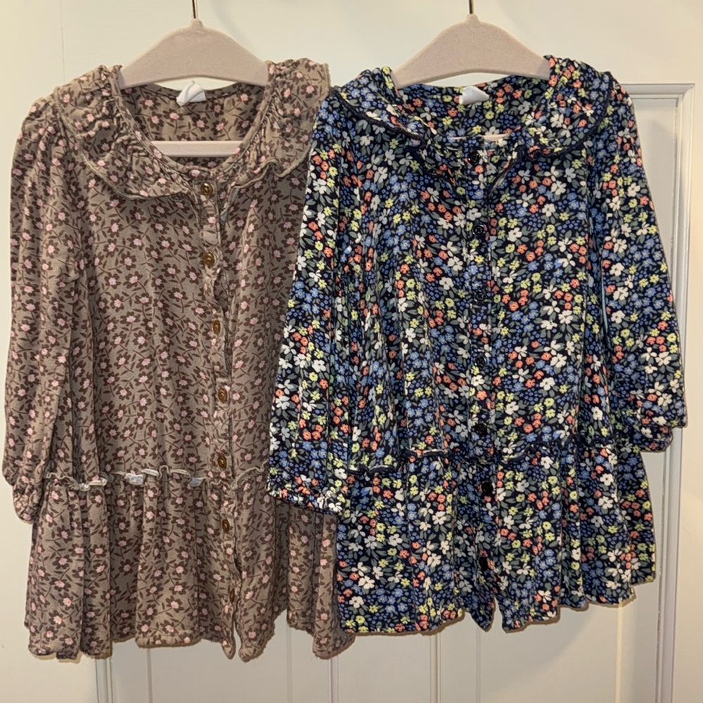 GAP Baby Lightweight Floral Quarter Sleeved ruffle collar Dresses blue Brown 2T - Picture 1 of 12